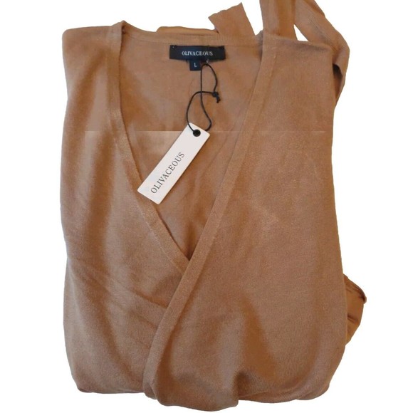 Olivaceous Lt Brown Soft Faux Wrap Bodysuit V Neck L Tie Lightweight Sweater - Picture 8 of 8